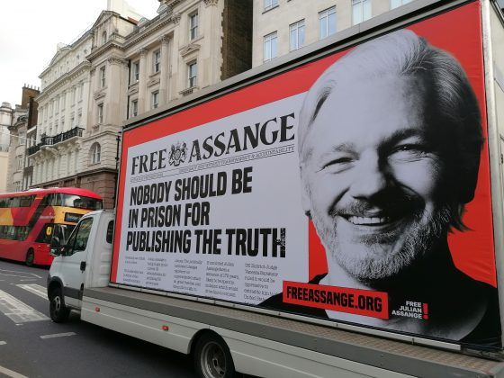 truck-with-julian-assange-banner-outside-royal-courts-of-justice-london